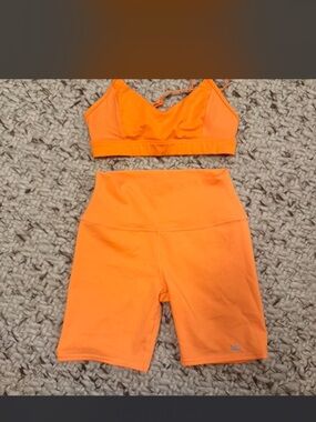 ALO Yoga Neon Orange High-Waist Bike Shorts & Sports Bra Set